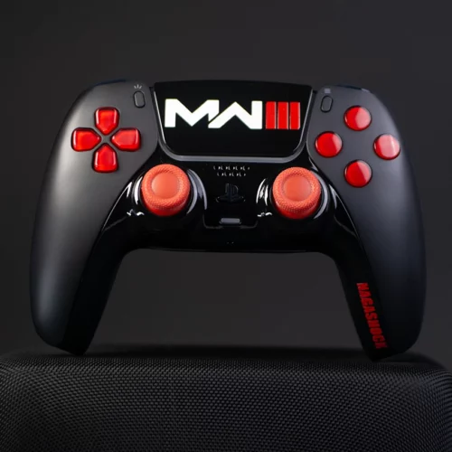 black and red ps5 custom controller with red thumbstocks MW3